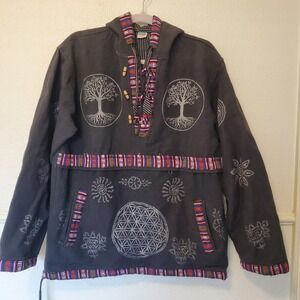 Siddhartha Nepal Cotton Tree of Life Hoodie Boho Hippie Pullover Gray SM/M